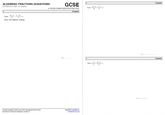 Algebraic Fractions Equations Gcse 9 1 Exam Question Practice Worksheet And Answers Teachwire Teaching Resource