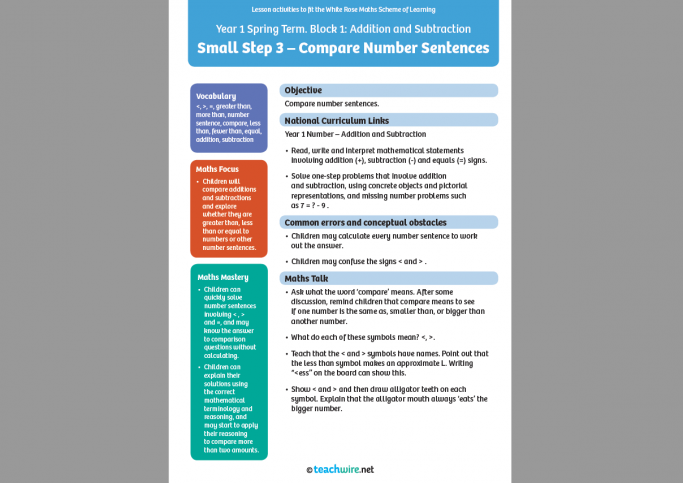 Y1 Activities For Comparing Number Sentences Spring Term Block 1