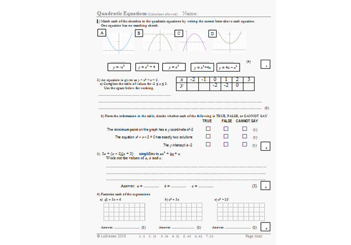 Algebra Worksheet With 13 Great Questions On Quadratic Equations
