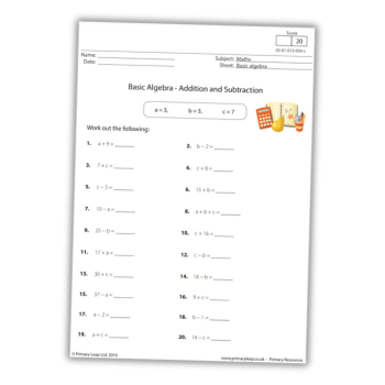 KS1 algebra addition and subtraction worksheet