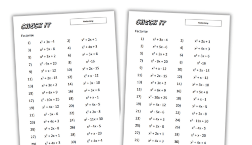 30 factorising equations questions worksheet