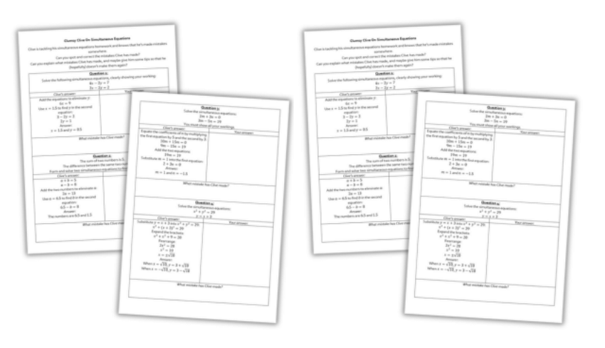 Correcting errors in linear simultaneous equations KS3 algebra worksheet