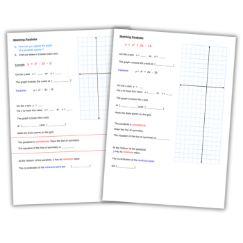 Sketching quadratic graphs KS3 maths worksheet