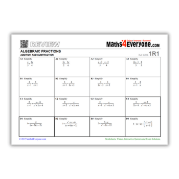 Adding and subtracting algebraic fractions revision worksheet