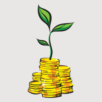 Plant growing out of pile of coins, representing school fundraising ideas