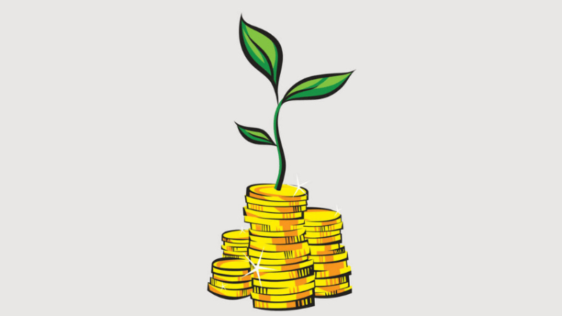 Plant growing out of pile of coins, representing school fundraising ideas