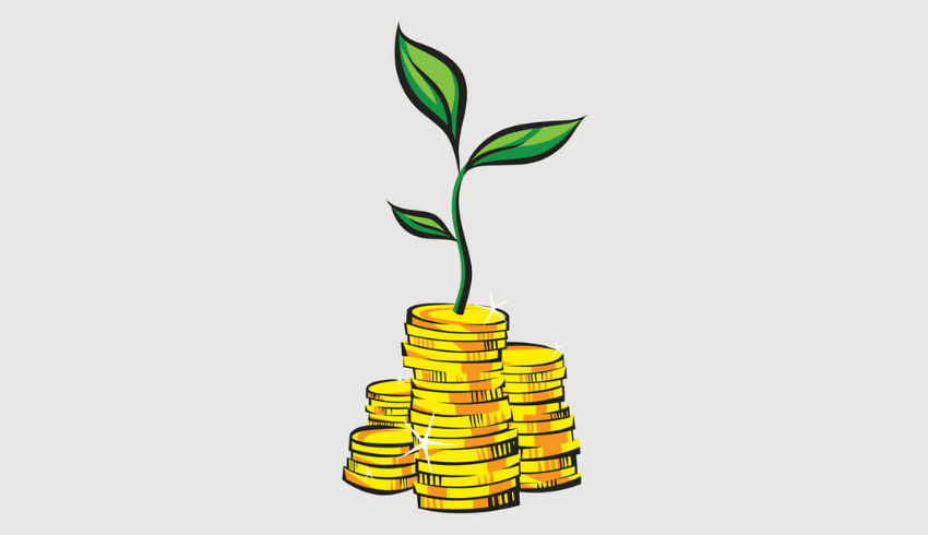 Plant growing out of pile of coins, representing school fundraising ideas