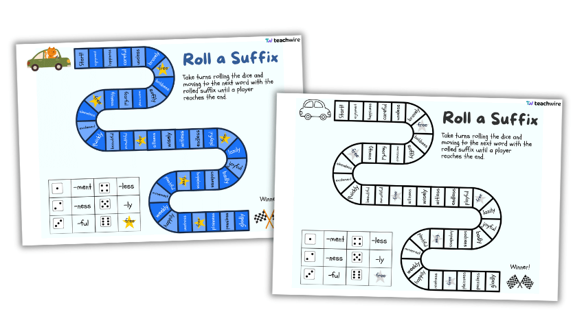 Suffixes game worksheet for Year 2