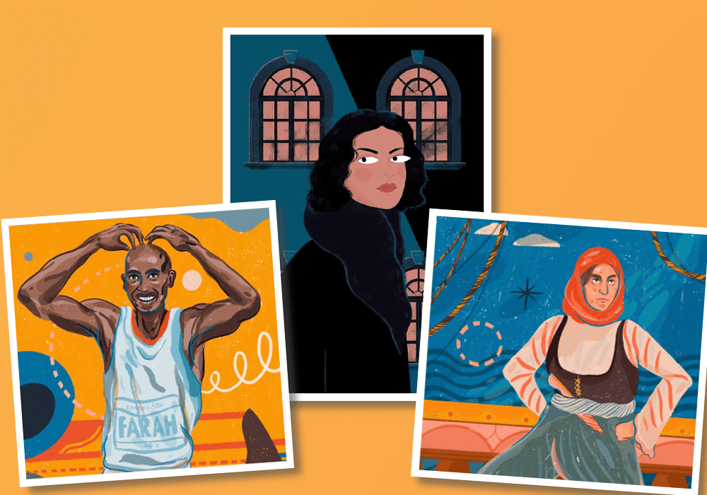 Illustrations of Noor Inayat Khan, Sayyida Al-Hurra and Sir Mo Farah, representing the idea of racism in schools