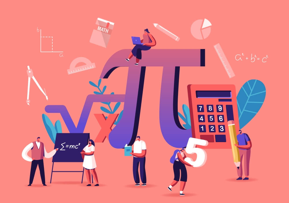 Illustration of small people and large maths symbols, represeting GCSE maths