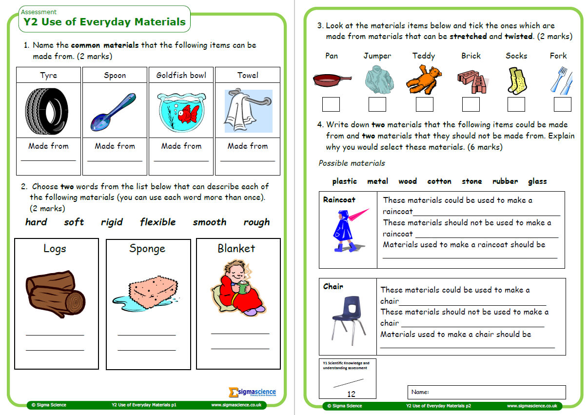 year 2 science assessment worksheet with answers everyday materials teachwire