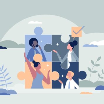 Abstract illustration depicting work colleagues and a jigsaw puzzle