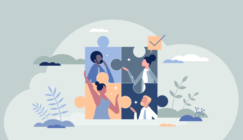 Abstract illustration depicting work colleagues and a jigsaw puzzle, representing an holistic approach to education