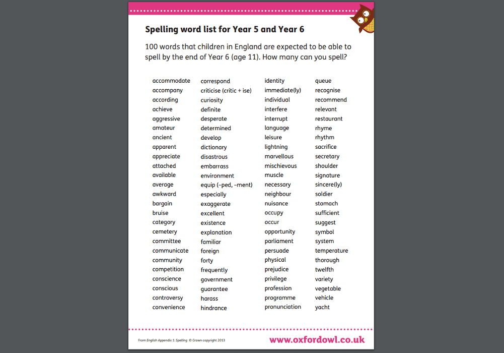 year 5 and 6 spelling list homework