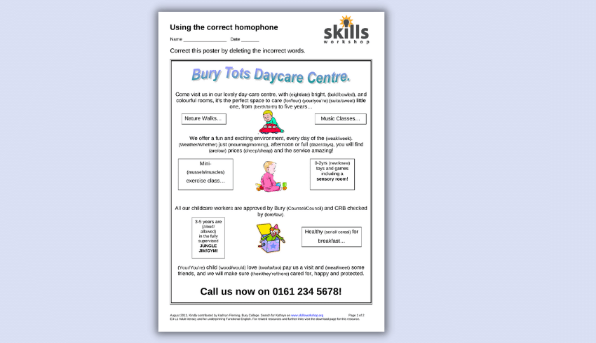 Homophones worksheet