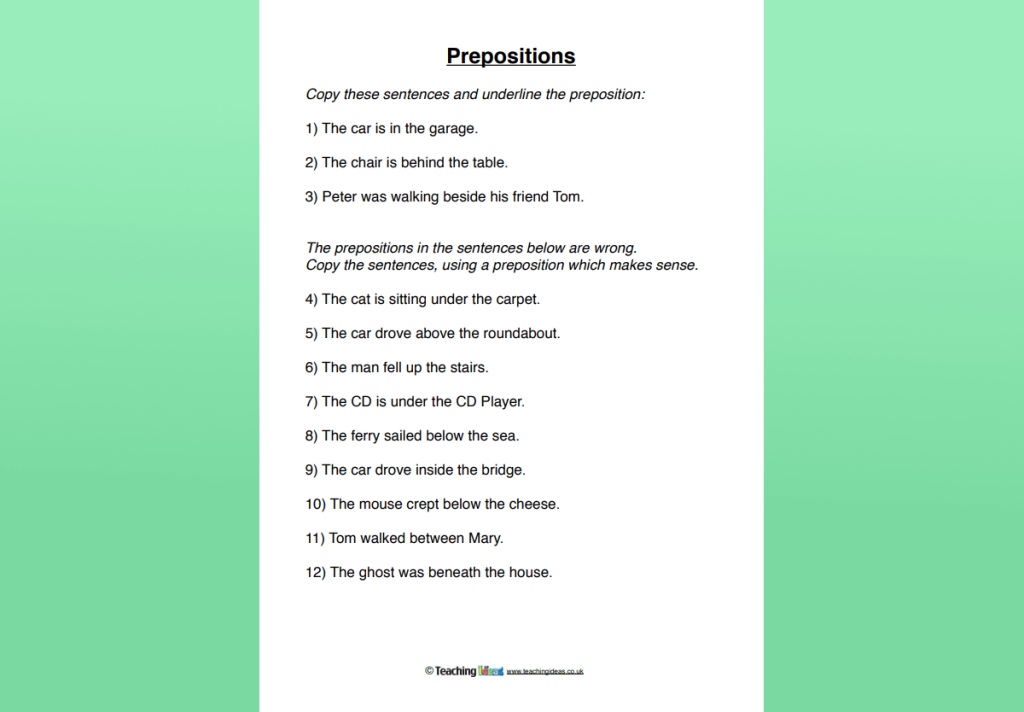 prepositions homework year 4