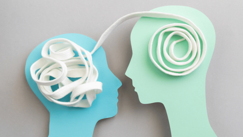 Two paper heads, linked together by white shoelace, representing relationships and sex education