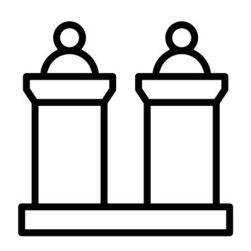 monochrome icon showing two figures engaged in debate