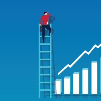 abstract illustration of a figure climbing a ladder beside an upwardly trending combined bar and line chart