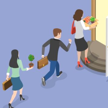 Illustration of a line of employees carrying their workplace possessions out of a door