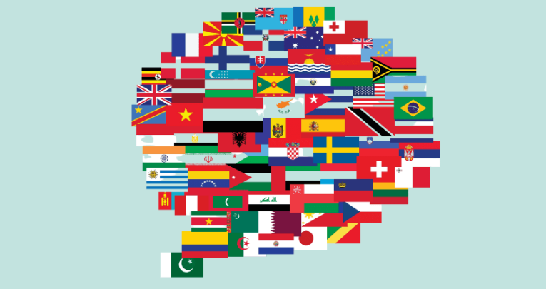 Speech bubble made up of different countries' flags, representing EAL in education