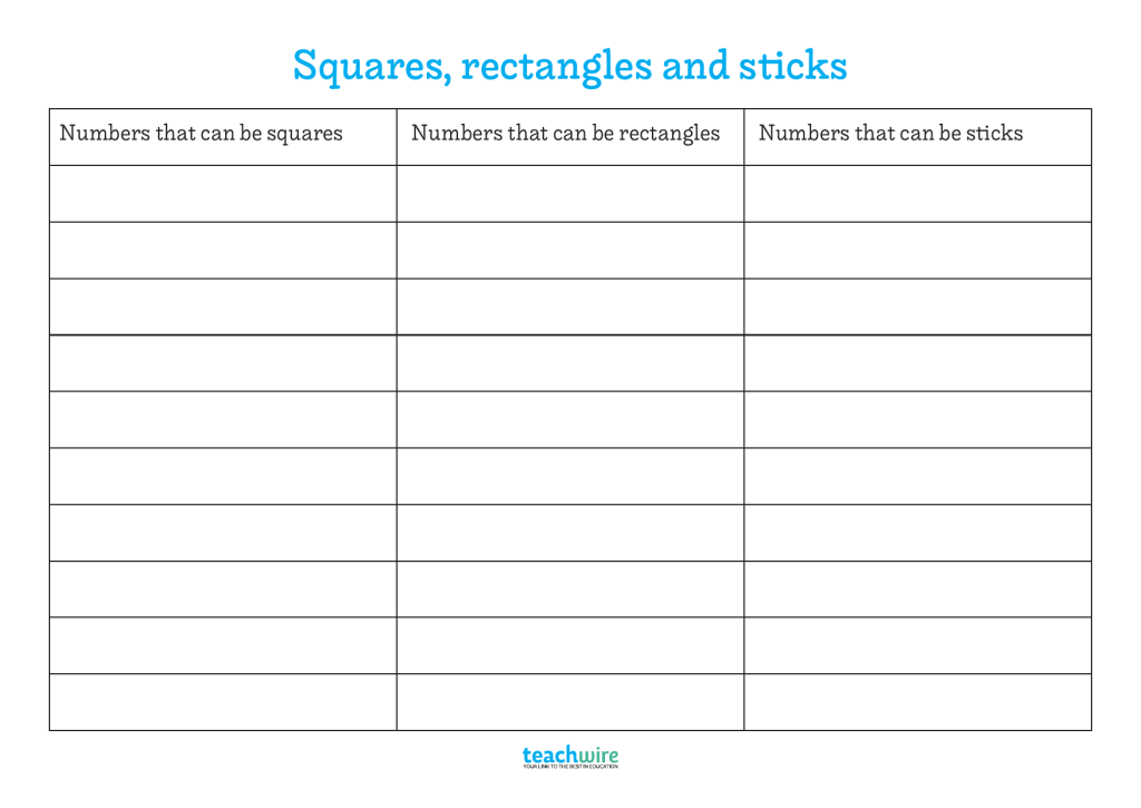 Squares, rectangles and sticks square numbers worksheet