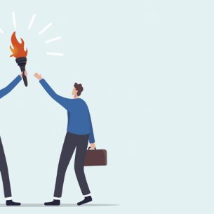 Cartoon illustration of one besuited figure passing a torch to another, representing leadership in schools