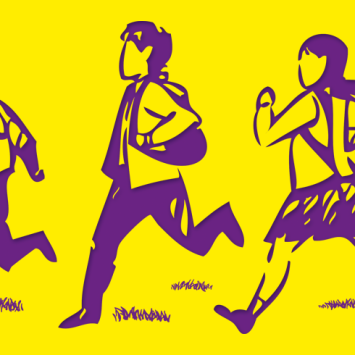 Illustration of teens running in school uniform, representing break time