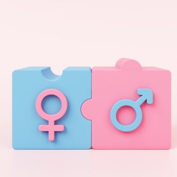 Abstract illustration showing adjoining building blocks overlaid with male/female gender symbols, representing RSHE