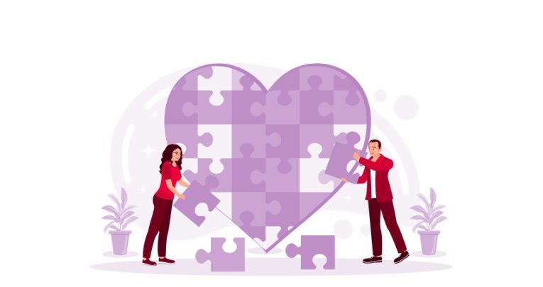 Illustration of people putting together jigsaw puzzle heart, representing empathy