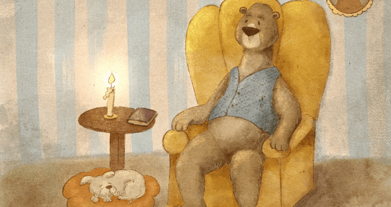 A bear sitting in a living room chair, representing storytelling