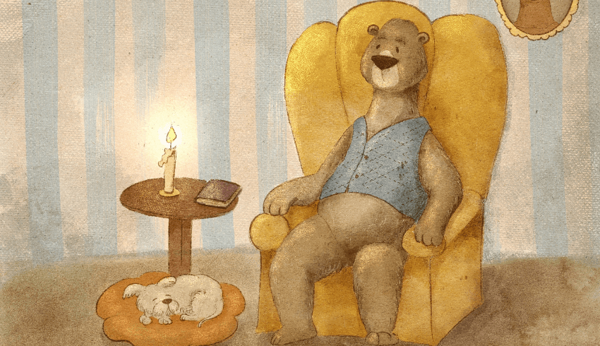 A bear sitting in a living room chair, representing storytelling