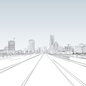 Sketch illustration of a road stretching out towards a cityscape horizon, representing careers advice for students