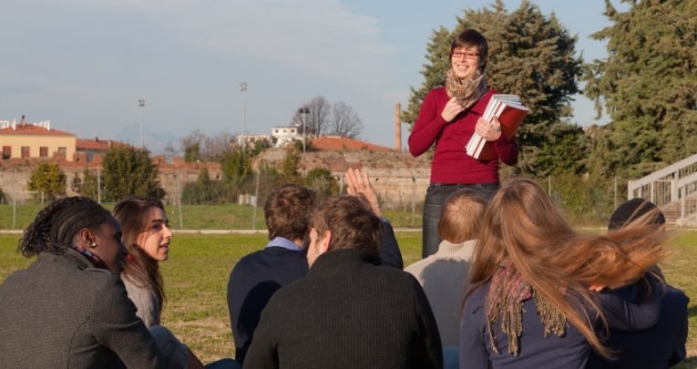 School pupils learning outside the classroom