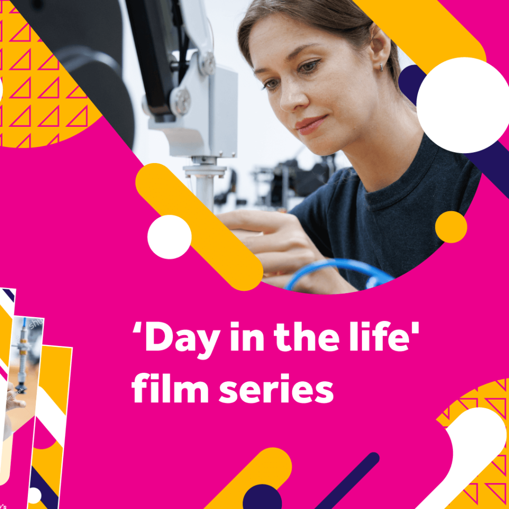 A female student above the caption 'Day in the life' film series