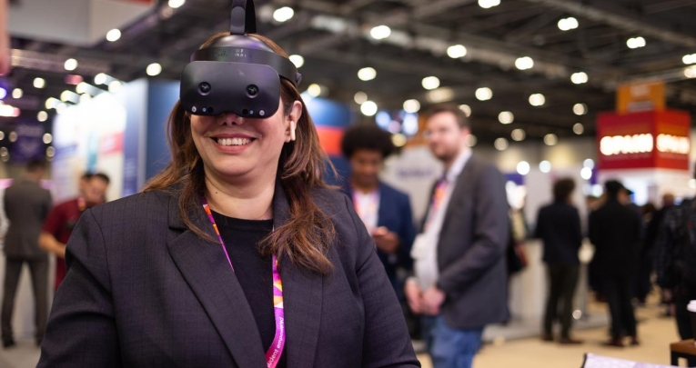 A woman wearing a VR headset