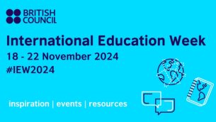 Three graphical icons depicting international education on a blue background