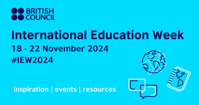 Three graphical icons depicting international education on a blue background