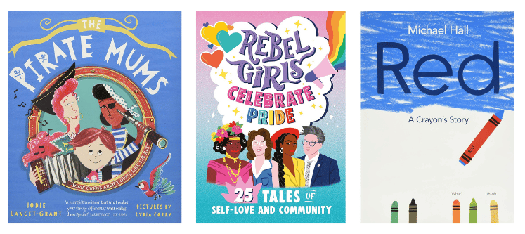 Covers of LGBT books including The Pirate Mums