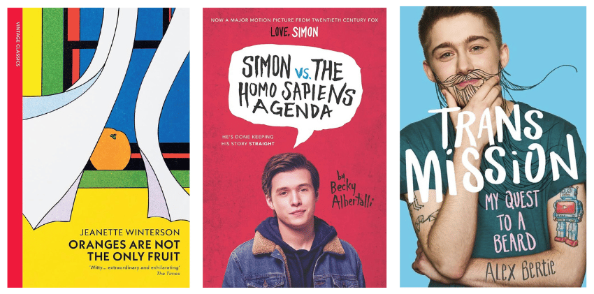 Covers of LGBT books including Simon vs the Homosapiens Agenda