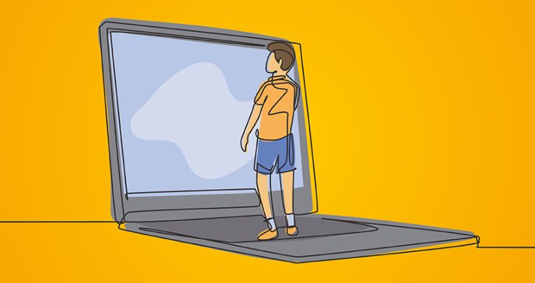 Illustration showing young boy standing in front of giant laptop to convey impact of screen time on youth mental health