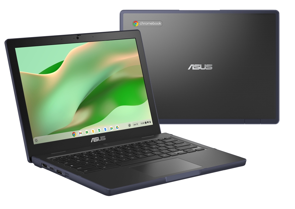 Two ASUS laptops, one open, one closed