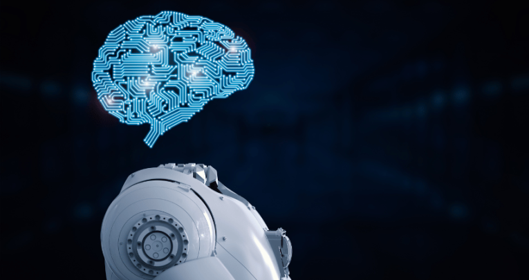 Brain-shaped circuit above robot body, representing AI policy