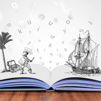 Pirate story coming to life out of book, representing National Storytelling Week