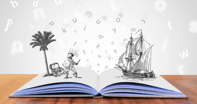 Pirate story coming to life out of book, representing National Storytelling Week