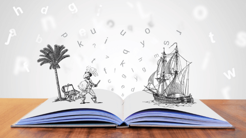 Pirate story coming to life out of book, representing National Storytelling Week