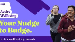 Two teenage girls running next to the words, Your Nudge to Budge