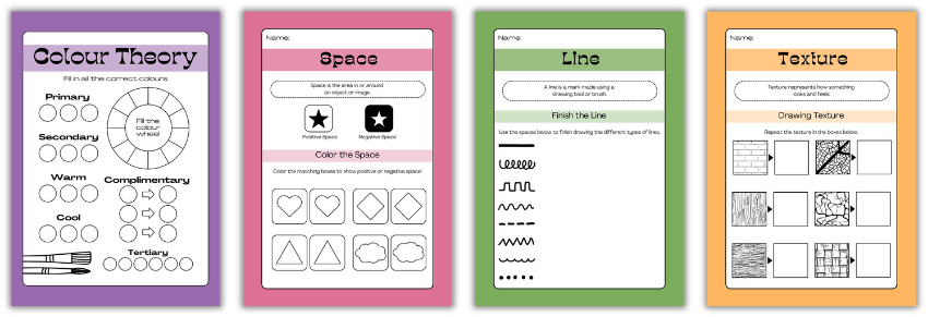 Art worksheet on colour theory, space, line and texture