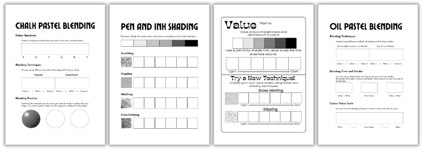 Art worksheets on chalk pastel blending, pen and ink shading, value, oil pastel blending