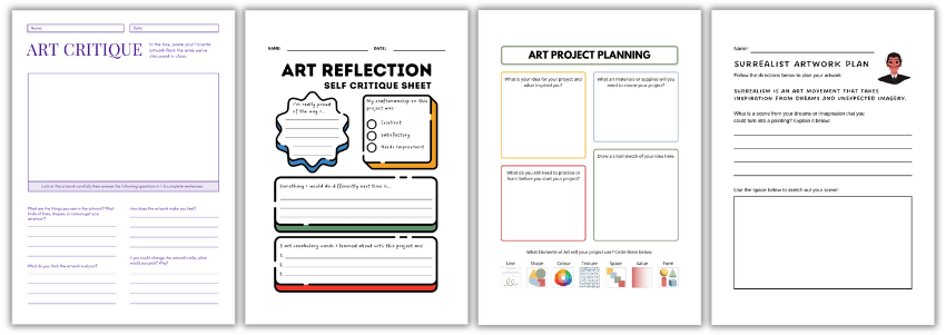 Art worksheets for critique, reflection and planning